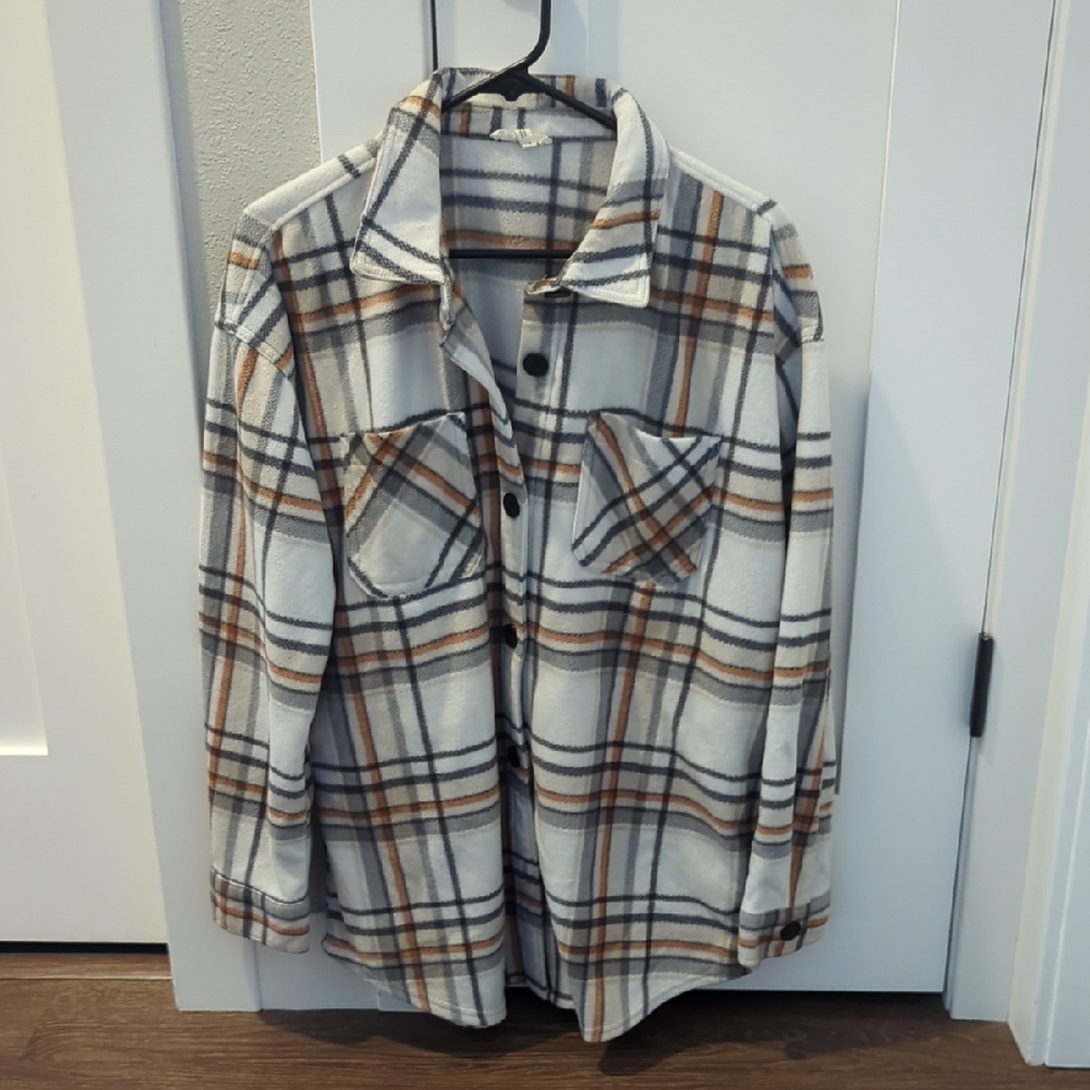 Maurices Cream Plaid Button-Up Shacket with Brown & Gray Stripes